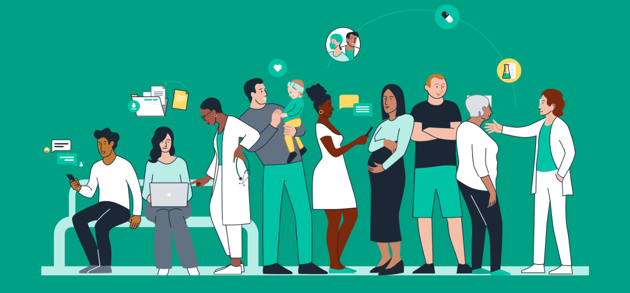 salud digital, futuro de la salud digital, paciente digitalizado, paciente mexicano, estudio paciente digital 2025, ilustración de pacientes y médicos mexicanos diversos.